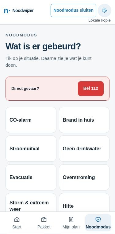 Noodmodus in de mobiele Noodwijzer-app, ingevuld voor een voorbeeldhuishouden.