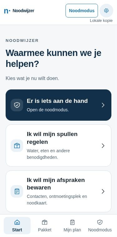 Start in de mobiele Noodwijzer-app, ingevuld voor een voorbeeldhuishouden.