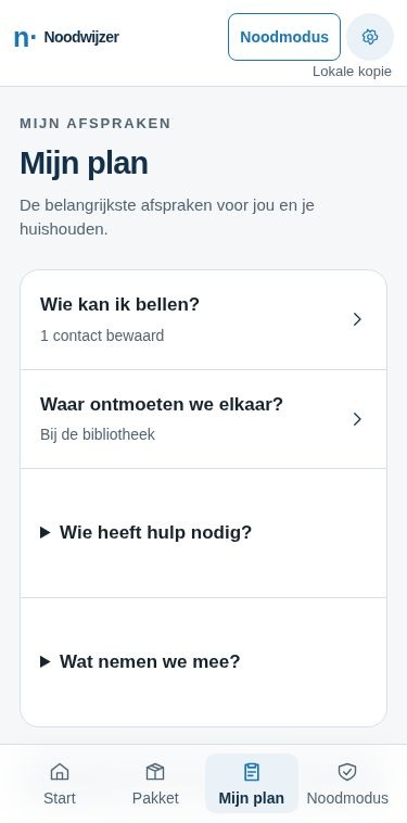 Noodplan in de mobiele Noodwijzer-app, ingevuld voor een voorbeeldhuishouden.