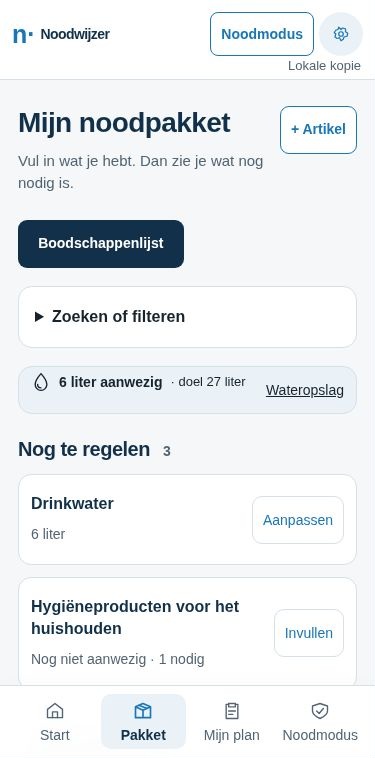 Noodpakket in de mobiele Noodwijzer-app, ingevuld voor een voorbeeldhuishouden.